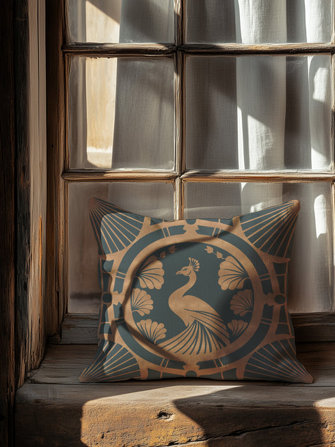 Square pillow cover featuring a stylized copper peacock design centered in a medallion, surrounded by Art Deco fan patterns and shell motifs on a dark forest green background.
